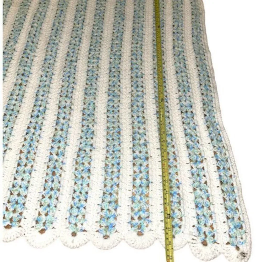 Hand Made Knit Crochet White Blue Multi Baby Blank